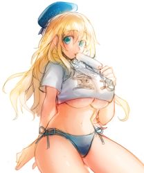 Rule 34 | 10s, 1girl, atago (kancolle), beret, blonde hair, blue eyes, blue panties, breasts, clothes writing, covered erect nipples, eating, female focus, food, groin, hat, kantai collection, large breasts, long hair, navel, no bra, panties, popsicle, poroi (poro586), shirt, side-tie panties, simple background, sitting, solo, sweat, twitter username, underboob, undersized clothes, underwear, white shirt