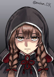 Rule 34 | 1girl, black dress, braid, brown eyes, brown hair, capelet, commentary request, dress, gradient background, grey background, hood, hood up, hooded capelet, kantai collection, long hair, looking at viewer, maakun (makun dx), one-hour drawing challenge, shinshuu maru (kancolle), solo, twin braids, twitter username, upper body