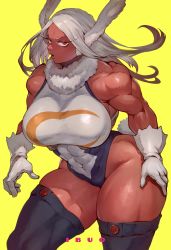 Rule 34 | 1girl, :o, absurdres, animal ears, artist name, bare shoulders, biceps, boku no hero academia, breasts, contrapposto, covered abs, covered navel, cowboy shot, crescent print, curvy, dark-skinned female, dark skin, fur collar, gloves, highleg, highleg leotard, highres, ibuo (ibukht1015), large breasts, leotard, long eyelashes, long hair, looking at viewer, mirko, muscular, muscular female, parted bangs, purple thighhighs, rabbit ears, rabbit girl, rabbit tail, red eyes, sleeveless turtleneck leotard, solo, tail, taut leotard, thick thighs, thighhighs, thighs, white gloves, white hair, white leotard, wide hips, yellow background