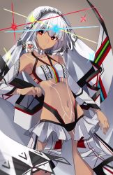 Rule 34 | 2girls, altera (fate), belt bra, black panties, bra, breasts, bright pupils, chibi, closed mouth, commentary request, cowboy shot, detached sleeves, dual persona, fate/grand order, fate (series), head tilt, highres, holding, holding sword, holding weapon, looking at viewer, miniskirt, multiple girls, navel, niyokichi, open clothes, open mouth, open skirt, panties, photon ray (fate), red eyes, riyo (lyomsnpmp) (style), sharp teeth, silver hair, skirt, small breasts, sparkle, standing, sword, teeth, underwear, veil, weapon, white bra, white skirt