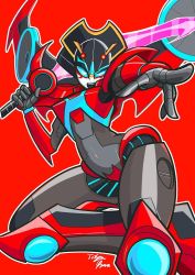 Rule 34 | 1girl, autobot, blue eyes, breasts, lipstick, makeup, mechanical wings, no humans, solo, standing, sword, transformers, weapon, windblade, wings