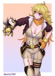 Rule 34 | 1girl, absurdres, ahoge, asymmetrical legwear, belt, blonde hair, border, breasts, cleavage, closed mouth, cropped jacket, facing viewer, fingerless gloves, gloves, grimm (rwby), hand on own hip, highres, jumpsuit, large breasts, long hair, looking to the side, mechanical arms, mofu1724, orange gloves, orange scarf, prosthesis, prosthetic arm, purple eyes, rwby, scarf, single fingerless glove, single mechanical arm, solo, suspenders, uneven legwear, wavy hair, yang xiao long, zipper, zipper pull tab