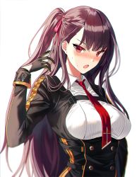 Rule 34 | 1girl, black gloves, black jacket, blush, bow, braid, breasts, brown hair, collared shirt, girls&#039; frontline, gloves, hair bow, hand up, jacket, long hair, long sleeves, looking at viewer, medium breasts, nose blush, one side up, open mouth, red bow, red eyes, red neckwear, shirt, silence girl, simple background, solo, striped clothes, striped shirt, upper body, vertical-striped clothes, vertical-striped shirt, very long hair, wa2000 (girls&#039; frontline), white background, white shirt