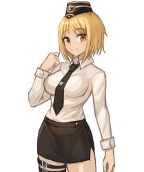 Rule 34 | 1girl, absurdres, black necktie, black skirt, blonde hair, breasts, closed mouth, collared shirt, commission, cowboy shot, girls&#039; frontline, hat, highres, impossible clothes, impossible shirt, long sleeves, mp40 (girls&#039; frontline), necktie, orange eyes, pixiv commission, shirt, short hair, simple background, skirt, smile, solo, sookmo, thigh strap, white background, white shirt