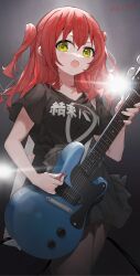 Rule 34 | 1girl, backlighting, black pantyhose, black shirt, bocchi the rock!, commentary request, cowboy shot, electric guitar, facing viewer, grey skirt, guitar, hair between eyes, highres, holding, holding plectrum, instrument, kessoku band t-shirt, kita ikuyo, looking ahead, music, one side up, open mouth, pantyhose, playing instrument, pleated skirt, plectrum, red hair, sentter, shirt, shirt tucked in, short sleeves, skirt, solo, standing, yellow eyes