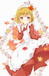 Rule 34 | 1girl, aki shizuha, alternate costume, apron, autumn leaves, blonde hair, blush, buttons, closed mouth, collared dress, commentary request, commission, dress, enmaided, feet out of frame, frilled apron, frills, hair ornament, hand up, highres, holding, leaf, leaf hair ornament, long sleeves, maid, maid apron, maid headdress, mearian, orange dress, outline, short hair, skeb commission, skirt hold, smile, solo, split mouth, touhou, twitter username, white apron, white outline, yellow eyes