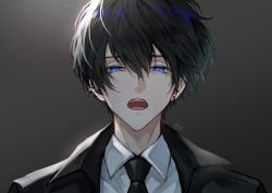 Rule 34 | 1boy, absurdres, artist name, black hair, black jacket, black necktie, blue eyes, brown background, collared shirt, commentary request, ear piercing, earrings, formal, glint, gradient background, grey background, hair between eyes, highres, jacket, jewelry, light particles, looking at viewer, makura wet, male focus, necktie, open clothes, open jacket, open mouth, original, piercing, shirt, short hair, signature, solo, teeth, tongue, upper body, upper teeth only, white shirt, wing collar