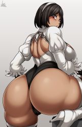 Rule 34 | 1girl, absurdres, android, ass, ass focus, black hair, boots, breasts, cleft of venus, dark-skinned female, dark skin, from behind, gloves, hairband, high heel boots, high heels, highres, huge ass, jmg, large breasts, leotard, nier (series), nier:automata, red eyes, shiny skin, short hair, sideboob, solo, thick thighs, thigh boots, thighhighs, thighs, thong, thong leotard, 2p (nier:automata)