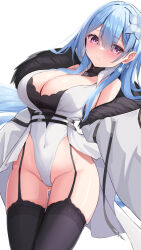 Rule 34 | 1girl, azur lane, black garter straps, black thighhighs, blue hair, blush, breasts, check commentary, cleavage, coat, commentary request, covered navel, flower, fur-trimmed coat, fur trim, garter straps, hair flower, hair ornament, highres, humo, large breasts, leotard, pink eyes, thighhighs, voroshilov (azur lane), white coat, white leotard