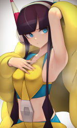 Rule 34 | 1girl, armpit lips, armpits, arms up, bare shoulders, black hair, blue eyes, blunt bangs, breasts, creatures (company), down jacket, elesa (pokemon), game freak, gym leader, hand on own chest, headphones, highres, jacket, kashu (hizake), long hair, midriff, nintendo, open mouth, pokemon, pokemon bw2, solo, sweat, twintails, very long hair