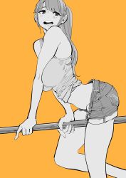 Rule 34 | 1girl, arched back, bent over, denim, denim shorts, derivative work, from side, greyscale, greyscale with colored background, highres, long hair, monochrome, mori taishi, orange background, original, ponytail, shorts, simple background, sleeveless, solo, teeth, upper teeth only