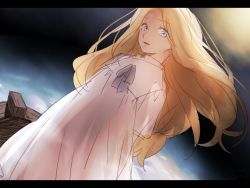 Rule 34 | 10s, 1girl, arms behind back, blonde hair, blue eyes, dress, dutch angle, floating hair, letterboxed, lonelyethyl, long hair, looking at viewer, marnie (omoide no marnie), omoide no marnie, ribbon, solo, white dress