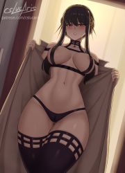 Rule 34 | 1girl, areola slip, artist name, bikini, black bikini, black hair, black thighhighs, blush, breasts, clothes pull, coat, covered erect nipples, cslucaris, curtains, flower, gluteal fold, gold hairband, hair flower, hair ornament, hairband, highres, indoors, large breasts, long hair, looking at viewer, navel, open clothes, open coat, parted lips, patreon username, red eyes, rose, short hair with long locks, sidelocks, signature, solo, spikes, spy x family, stomach, swimsuit, thigh gap, thighhighs, thighs, trench coat, watermark, web address, wide hips, yor briar