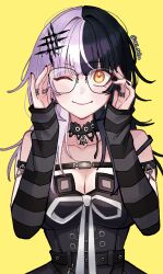 Rule 34 | 021 shiro, 1girl, bespectacled, black dress, black hair, black nails, breasts, cleavage, detached sleeves, dress, glasses, grey hair, highres, hololive, hololive english, jewelry, medium breasts, multicolored hair, one eye closed, ring, shiori novella, shiori novella (1st costume), smile, split-color hair, twitter username, virtual youtuber, yellow background, yellow eyes