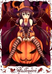 Rule 34 | 1girl, bad id, bad pixiv id, between breasts, breasts, brown eyes, brown hair, candy, cleavage, demon wings, elbow gloves, food, food-themed hair ornament, gloves, hair ornament, hat, highres, jack-o&#039;-lantern, lollipop, mea (brunhilde), medium breasts, mouth hold, original, pumpkin, pumpkin hair ornament, shoes, sitting, sitting on object, sleeveless, striped clothes, striped thighhighs, thighhighs, wings, witch hat