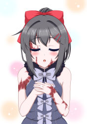 Rule 34 | 1girl, bare arms, bare shoulders, black hair, blush, bow, bowtie, burn scar, closed eyes, commentary request, dorei to no seikatsu ~teaching feeling~, facing viewer, glint, grey bow, grey bowtie, hair ornament, hair ribbon, hairclip, incoming kiss, jewelry, long hair, open mouth, own hands together, ponytail, red ribbon, ribbon, ring, scar, simple background, sleeveless, solo, sylvie (dorei to no seikatsu), takahiko, upper body, wedding band