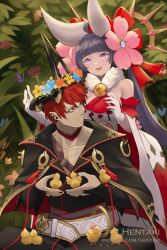 Rule 34 | 1boy, 1girl, :d, animal, artist name, bare shoulders, bell, belt, bird, black hair, black jacket, blue flower, breasts, brown flower, character request, closed mouth, commentary, dragalia lost, dress, english commentary, flower, flower wreath, fur collar, gloves, head wreath, headgear, hentaki, highres, holding, holding animal, jacket, jingle bell, long hair, medium breasts, open mouth, pink eyes, pink flower, red eyes, red hair, scar, scar on face, scar on mouth, sitting, smile, standing, very long hair, watermark, web address, white belt, white dress, white gloves, yellow flower