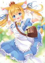 Rule 34 | 1girl, animal ear fluff, animal ears, apron, bag, blonde hair, blue bow, blue dress, blue eyes, blue ribbon, blush, bow, bowtie, brown bag, cat ears, cat girl, cat tail, commentary request, commission, crown, dress, frilled apron, frilled dress, frills, hair ribbon, hands up, highres, knees together feet apart, looking at viewer, maid, maid apron, manabe mana, mini crown, open mouth, original, pantyhose, puffy short sleeves, puffy sleeves, ribbon, short sleeves, shoulder bag, skeb commission, solo, tail, tail bow, tail ornament, twintails, white apron, white pantyhose, wrist cuffs, yellow bow, yellow bowtie