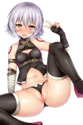 Rule 34 | 1girl, arm belt, bandaged arm, bandages, bare shoulders, belt, belt buckle, black belt, black footwear, black gloves, black panties, black shirt, blush, boots, breasts, buckle, cleavage, cleft of venus, collarbone, facial scar, fat mons, fate/apocrypha, fate (series), female focus, gloves, green eyes, hair between eyes, halterneck, hand up, head tilt, heart, heart-shaped pupils, highres, jack the ripper (fate/apocrypha), kuragari, looking at viewer, medium breasts, mind control, navel, nose blush, open mouth, panties, pussy, saliva, scar, scar across eye, scar on cheek, scar on face, shiny skin, shirt, short hair, shoulder tattoo, silver hair, simple background, single glove, sitting, sleeveless, sleeveless shirt, solo, spread legs, stomach, sweat, symbol-shaped pupils, tattoo, thigh boots, thighhighs, turtleneck, underwear, v, wedgie, white background