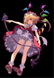 Rule 34 | 1girl, ascot, bare legs, black background, blonde hair, bloomers, bobby socks, flandre scarlet, full body, kitada mo, laevatein, looking at viewer, outstretched arm, petticoat, puffy short sleeves, puffy sleeves, red eyes, red footwear, red skirt, red vest, shoes, short sleeves, side ponytail, simple background, skirt, skirt set, smile, socks, solo, touhou, underwear, upskirt, vest, white socks, wings