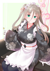 1girl apron arm_support black_kimono border breasts brown_hair commentary_request couch floral_print floral_print_kimono green_background green_eyes hair_between_eyes hair_ribbon japanese_clothes kimono large_breasts long_hair looking_at_viewer maid maid_apron maid_headdress on_couch original outside_border print_kimono red_ribbon ribbon sitting solo takasaka_donten two_side_up wa_maid white_apron white_border