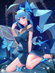 Rule 34 | 1girl, absurdres, azur lane, bad id, bad pixiv id, blue butterfly, blue dress, blue flower, blue footwear, blue gemstone, blue hair, blue rose, blue theme, breasts, bridal garter, bug, butterfly, butterfly wings, dress, flower, gem, hair ornament, high heels, highres, horns, inazuma (azur lane), inazuma (dusk&#039;s lightning) (azur lane), insect, insect wings, long hair, medium breasts, night, night sky, official alternate costume, oni horns, outdoors, rose, sitting, sky, star (sky), starry sky, throne, wariza, wings, yu (want rou nai zi)