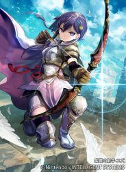 Rule 34 | 1girl, armor, arrow (projectile), bell, bird, boots, bow (weapon), cape, company name, copyright name, drawing bow, feathers, fire emblem, fire emblem cipher, full body, gloves, holding bow (weapon), kawasumi mahiro, knee boots, nintendo, official art, purple eyes, purple hair, solo, weapon, white footwear, yuzu (fire emblem)