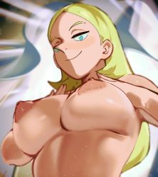 Rule 34 | 1girl, absurdres, artist name, blonde hair, blue eyes, breast hold, breasts, closed mouth, curtains, from below, grabbing own breast, highres, hilling (ousama ranking), huge filesize, huge nipples, large areolae, large breasts, long hair, looking down, mature female, nipples, ousama ranking, pov, roropull, smile, tagme, very long hair