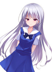 Rule 34 | 1girl, absurdres, arms behind back, blue bow, blue bowtie, blue skirt, blue vest, blush, bow, bowtie, closed mouth, collarbone, commentary request, grisaia (series), grisaia no kajitsu, highres, kazami kazuki, looking at viewer, natsu (sinker8c), red eyes, sailor collar, school uniform, shirt, short sleeves, sidelocks, silver hair, simple background, skirt, smile, solo, standing, vest, white background, white sailor collar, white shirt