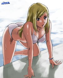 Rule 34 | 1girl, :o, all fours, arched back, arm support, artist name, ass, back, bare shoulders, bent over, bikini, blonde hair, blue eyes, blush, bracelet, breasts, cleavage, collarbone, dripping, female focus, fingernails, front-tie top, green eyes, jewelry, kneeling, large breasts, leaning forward, legs, long hair, long image, long legs, looking at viewer, moriya naoki, original, outdoors, outstretched arms, parted bangs, parted lips, pool, poolside, shadow, side-tie bikini bottom, solo, swimsuit, thighs, water, watermark, wet, white bikini, wristband