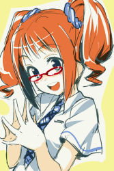 Rule 34 | 1girl, andou shuki, bespectacled, blue eyes, brown hair, glasses, green eyes, idolmaster, idolmaster (classic), long hair, necktie, open mouth, orange hair, own hands together, rough time school, school uniform, smile, solo, steepled fingers, takatsuki yayoi, twintails, upper body
