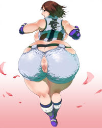 Rule 34 | 1girl, akr (qpqpqp), anus, ass, ass cutout, boots, breasts, brown eyes, brown hair, butt crack, censored, clothing cutout, elbow gloves, fat mons, gloves, highres, hip focus, huge ass, huge breasts, kazama asuka, looking back, namco, plump, pointless censoring, pov, pussy, sideboob, solo, tekken, thick thighs, thighs, torn clothes, wide hips