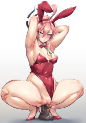 Rule 34 | 1girl, absurdres, ahegao, ahoge, animal ears, armpits, arms behind head, blue archive, blush, braid, breasts, censored, clothing aside, fake animal ears, hair between eyes, halo, high heels, highres, leotard, leotard aside, medium breasts, mole, mole under mouth, mosaic censoring, neru (blue archive), neru (bunny) (blue archive), nipple slip, nipples, object insertion, pink eyes, pink hair, playboy bunny, pussy, pussy juice, rabbit ears, red footwear, solo, spread legs, squatting, thirty 8ght, vaginal, vaginal object insertion
