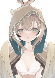 Rule 34 | 1girl, absurdres, bird girl, blush, bra, brown capelet, brown cloak, brown hair, capelet, cloak, ears through headwear, feather hair ornament, feathered wings, feathers, green eyes, hair ornament, hairclip, hieroglyphics, highres, hololive, hololive english, hood, hood up, inaba reito, lace, lace-trimmed bra, lace trim, looking at viewer, multicolored hair, nanashi mumei, no shirt, parted lips, ponytail, solo, streaked hair, triangle mouth, underwear, virtual youtuber, wings