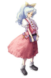 Rule 34 | 1girl, belt, binayu, book, boots, bow, bracelet, btooom!, expressionless, female focus, full body, hair bow, head tilt, holding, jewelry, loafers, long hair, looking at viewer, ponytail, puffy short sleeves, puffy sleeves, shoes, short sleeves, silent sinner in blue, silver hair, simple background, solo, touhou, touhou bougetsushou, watatsuki no yorihime, white background, yellow bow