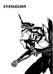 Rule 34 | copyright name, eva 01, from side, greyscale, mecha, monochrome, neon genesis evangelion, no humans, robot, simple background, solo, tagme, unit, white background