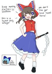 Rule 34 | 2girls, adapted costume, bare arms, blue skirt, blush stickers, bobby socks, bow, breasts, brown eyes, brown hair, cirno, commentary, confederate flag, dark-skinned female, dark skin, english commentary, english text, full body, gun, hair bow, hair tubes, hakurei reimu, hand on own hip, highres, holding, holding gun, holding weapon, kill kizu, looking at viewer, midriff peek, multiple girls, pigeon-toed, racism, red bow, red skirt, rifle, short hair with long locks, simple background, skirt, small breasts, socks, solo focus, star (symbol), star print, touhou, v-shaped eyebrows, weapon, white background, wing collar