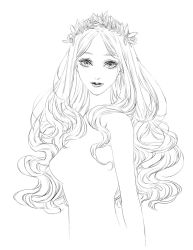 Rule 34 | 1girl, bare shoulders, breasts, commentary request, eye focus, greyscale, highres, lineart, lipstick, long hair, looking at viewer, makeup, medium breasts, monochrome, parted lips, simple background, sketch, smile, solo, tenobe, white background, wreath