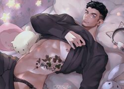 Rule 34 | 1boy, abs, animal ears, bara, barbell piercing, black panties, check copyright, come hither, copyright request, facial hair, fake animal ears, feet out of frame, flower tattoo, fujishiraji (shio2noinu), goatee, grey eyes, groin, headphones on animal ears, highres, large pectorals, looking at viewer, lying, male focus, mature male, muscular, muscular male, navel, nipples, on back, on bed, original, panties, panty peek, pectorals, piercing, pillow, short hair, sideburns, smile, solo, stomach, stomach tattoo, stuffed animal, stuffed toy, tattoo, thick eyebrows, undercut, underpec, underwear
