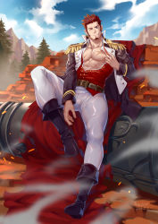 Rule 34 | 1boy, abs, bara, beard, blue eyes, brown hair, cape, chrisanother, clothes pull, cross scar, epaulettes, facial hair, fate/grand order, fate (series), full body, highres, huge weapon, jacket, jacket pull, long sideburns, long sleeves, looking at viewer, male focus, military, military uniform, muscular, napoleon bonaparte (fate), nipples, one eye closed, open clothes, pants, pectorals, scar, sideburns, smile, solo, uniform, weapon