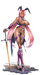 Rule 34 | 1girl, animal ears, bare shoulders, blush, breasts, choker, clothing cutout, dark-skinned female, dark skin, embarrassed, fake animal ears, fake tail, female focus, fingerless gloves, fishnets, full body, gauntlets, gloves, hair intakes, hand on breast, high heels, highres, holding, holding sword, holding weapon, ingrid (taimanin asagi), ingrid (taimanin murasaki), kagami hirotaka, large breasts, leotard, long hair, looking at viewer, mole, mole on pussy, mole under mouth, navel, nipples, pink hair, planted, planted sword, planted weapon, playboy bunny, purple lips, rabbit ears, rabbit tail, shin guards, simple background, solo, stomach, stomach cutout, sword, tail, taimanin (series), tan, thighhighs, torn clothes, weapon, white background, yellow eyes