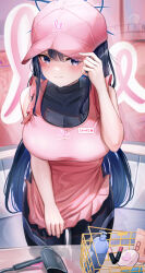 Rule 34 | 1girl, absurdres, apron, bare arms, baseball cap, blue archive, blue eyes, blue hair, blush, breasts, cashier, closed mouth, commentary, compact (cosmetics), cosmetics, frilled apron, frills, halo, hat, highres, large breasts, leaning forward, li se, lipstick tube, long hair, looking at viewer, name tag, pink apron, pink hat, saori (blue archive), shopping basket, soap dispenser, solo, very long hair, wavy mouth