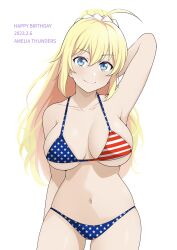Rule 34 | 1girl, ahoge, amelia thunders, american flag bikini, american flag print, arm behind head, arm up, armpits, bare shoulders, barkhorn0331, bikini, breasts, character name, cinderella series, closed mouth, collarbone, commentary, cowboy shot, dated, english text, flag print, hachigatsu no cinderella nine, hair between eyes, hair ornament, hair scrunchie, happy birthday, high ponytail, highres, large breasts, long hair, looking at viewer, navel, print bikini, scrunchie, simple background, skindentation, smile, solo, swimsuit, thighs, underboob, very long hair, white background, white scrunchie
