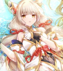 Rule 34 | 1girl, animal ear fluff, animal ears, bare shoulders, blunt bangs, cat ears, commentary request, covered navel, detached sleeves, dress, facial mark, gloves, gold trim, grey hair, highres, long hair, looking away, low twintails, lying, nia (blade) (xenoblade), nia (xenoblade), on back, partially submerged, solo, twintails, ui frara, very long hair, water, white dress, white gloves, xenoblade chronicles (series), xenoblade chronicles 2, yellow eyes