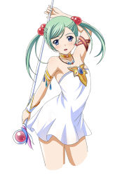 Rule 34 | 00s, 1girl, arm up, bare shoulders, blue eyes, cropped legs, dress, earrings, female focus, flat chest, green hair, hair bobbles, hair ornament, holding, ikkitousen, jewelry, long hair, looking at viewer, magatama, magatama earrings, necklace, open mouth, see-through silhouette, shokatsuryou koumei, simple background, solo, staff, strapless, strapless dress, twintails, white background, white dress