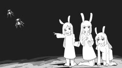 3girls animal_ears chibikki commentary dress english_commentary greyscale highres long_hair long_sleeves monochrome moon moon_rabbit multiple_girls on_moon open_mouth original pointing rabbit_ears rabbit_girl spacecraft white_dress