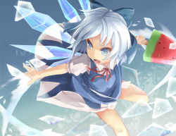 Rule 34 | &gt;:d, 1girl, :d, bad id, bad pixiv id, blue dress, blue eyes, bow, cirno, dress, food, hair bow, open mouth, outstretched arm, outstretched hand, popsicle, puffy sleeves, revision, shirt, short hair, short sleeves, silver hair, slashing, smile, solo, sword, touhou, v-shaped eyebrows, wakame mi, watermelon bar, weapon, wings