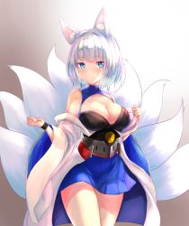 Rule 34 | 1girl, agibe, animal ear fluff, animal ears, azur lane, bare legs, blue eyes, blue skirt, blush, breasts, chrysanthemum, cleavage, cleavage cutout, closed mouth, clothing cutout, commentary, cowboy shot, flower, fox ears, fox tail, gradient background, grey background, haori, highres, japanese clothes, kaga (azur lane), large breasts, looking at viewer, miniskirt, multiple tails, off shoulder, pleated skirt, short hair, silver hair, simple background, skirt, solo, sweat, tail, thighs, wide sleeves, wristband