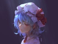 Rule 34 | 1girl, bow, closed mouth, frilled shirt collar, frills, hat, hat ribbon, highres, kureihii, light purple hair, light rays, looking down, mob cap, purple hair, red bow, red eyes, red ribbon, remilia scarlet, ribbon, short hair, solo, sunlight, touhou