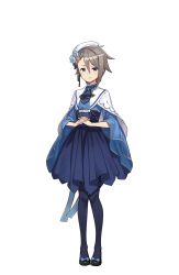 Rule 34 | 1girl, ange (princess principal), asymmetrical hair, black footwear, black pantyhose, blue dress, blue eyes, blue neckwear, braid, dress, flower, full body, grey hair, hair flower, hair ornament, hat, highres, looking at viewer, own hands clasped, own hands together, pantyhose, princess principal, princess principal game of mission, shoes, short hair, smile, solo, standing, transparent background, wide sleeves